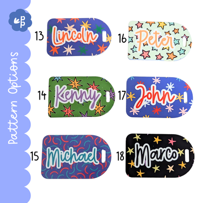 Personalised bag tag pattern options featuring stars and bold fun designs set 3 by Priority Play