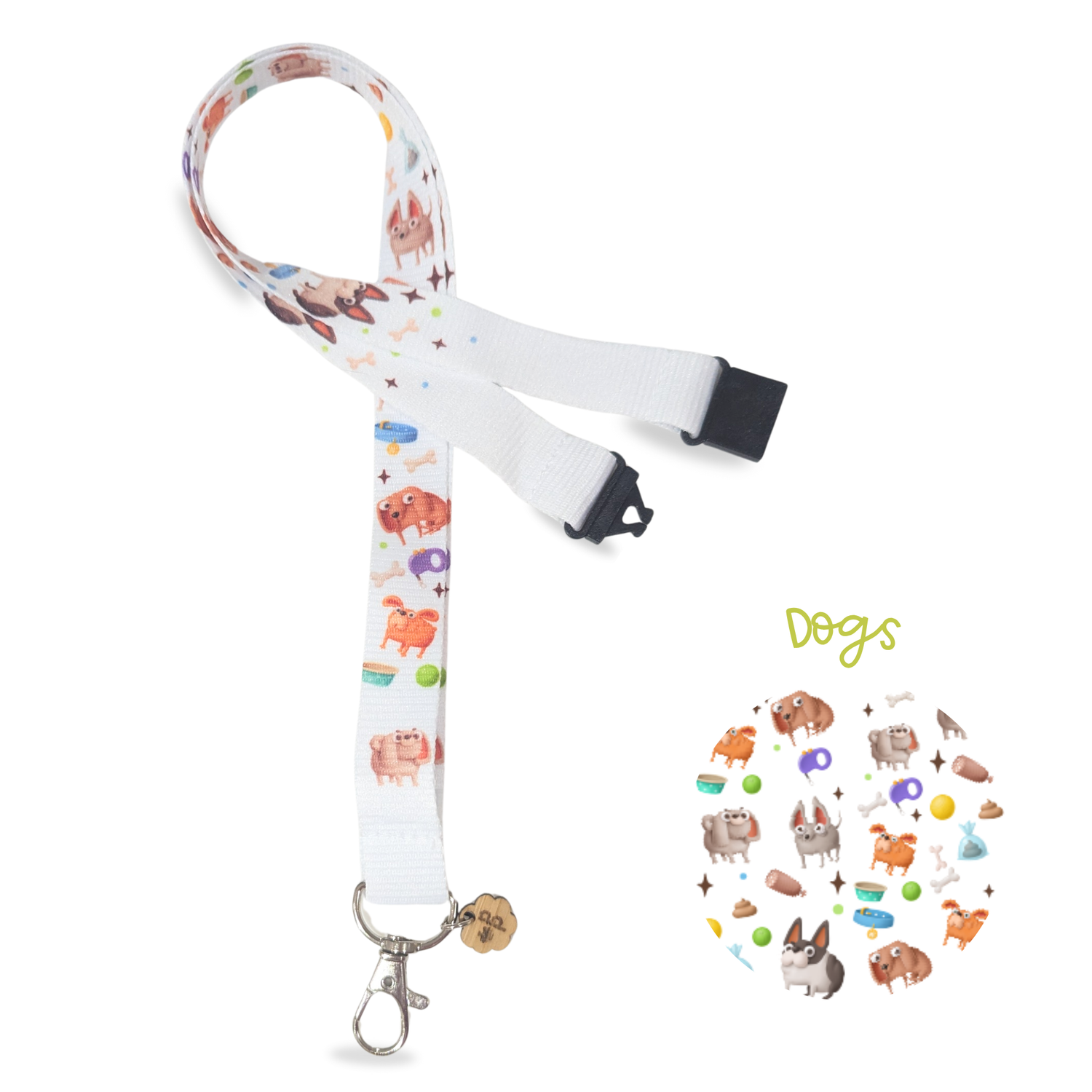 Lanyard with dog-themed design on a white background