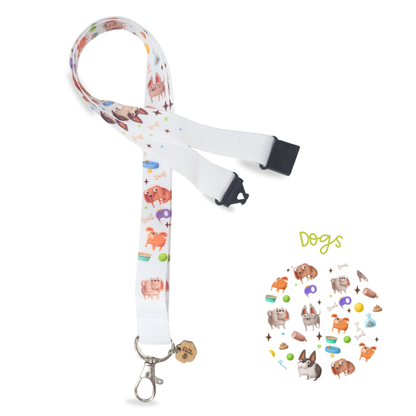 Lanyard with dog-themed design on a white background