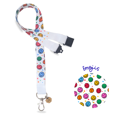 teacher fabric Lanyard with emoji pattern on a white background