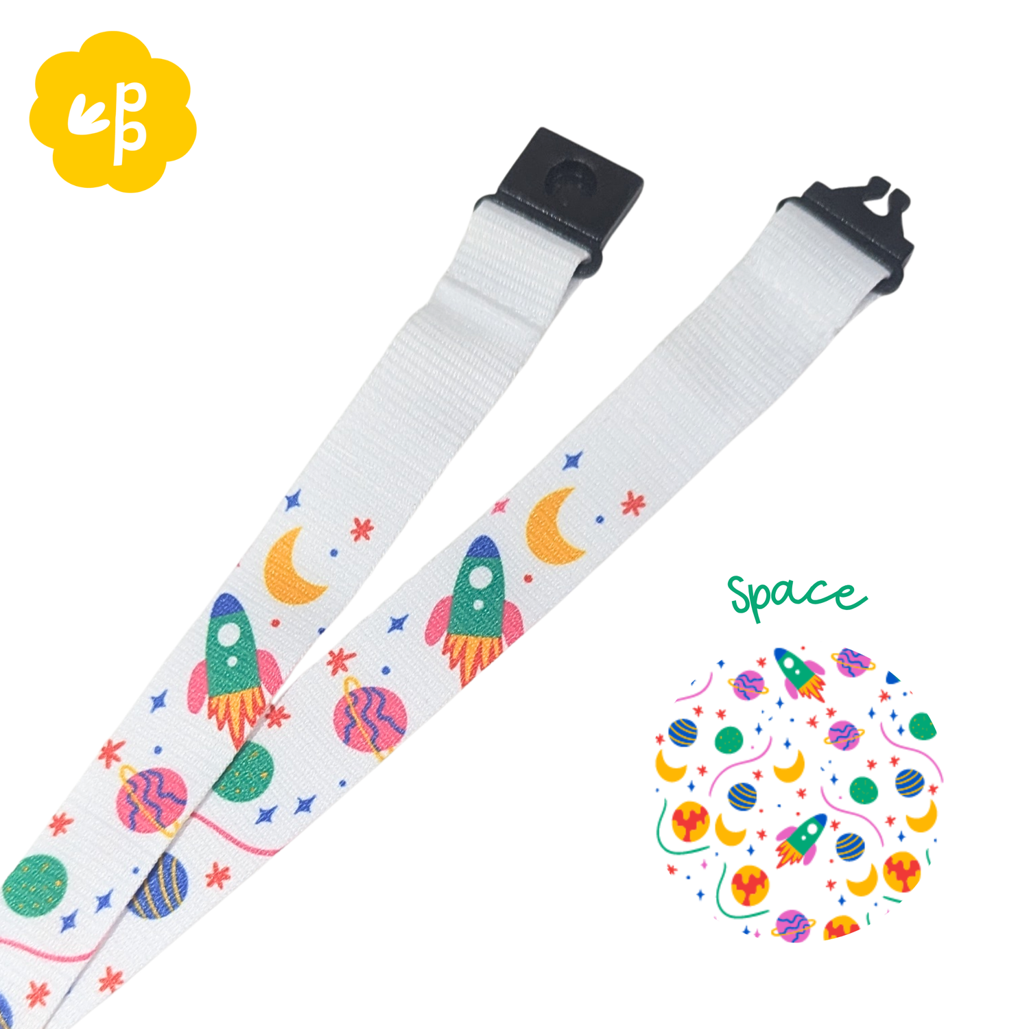 White strap with space-themed design featuring rockets, planets, and stars on a white background and black breakaway safety clasps.