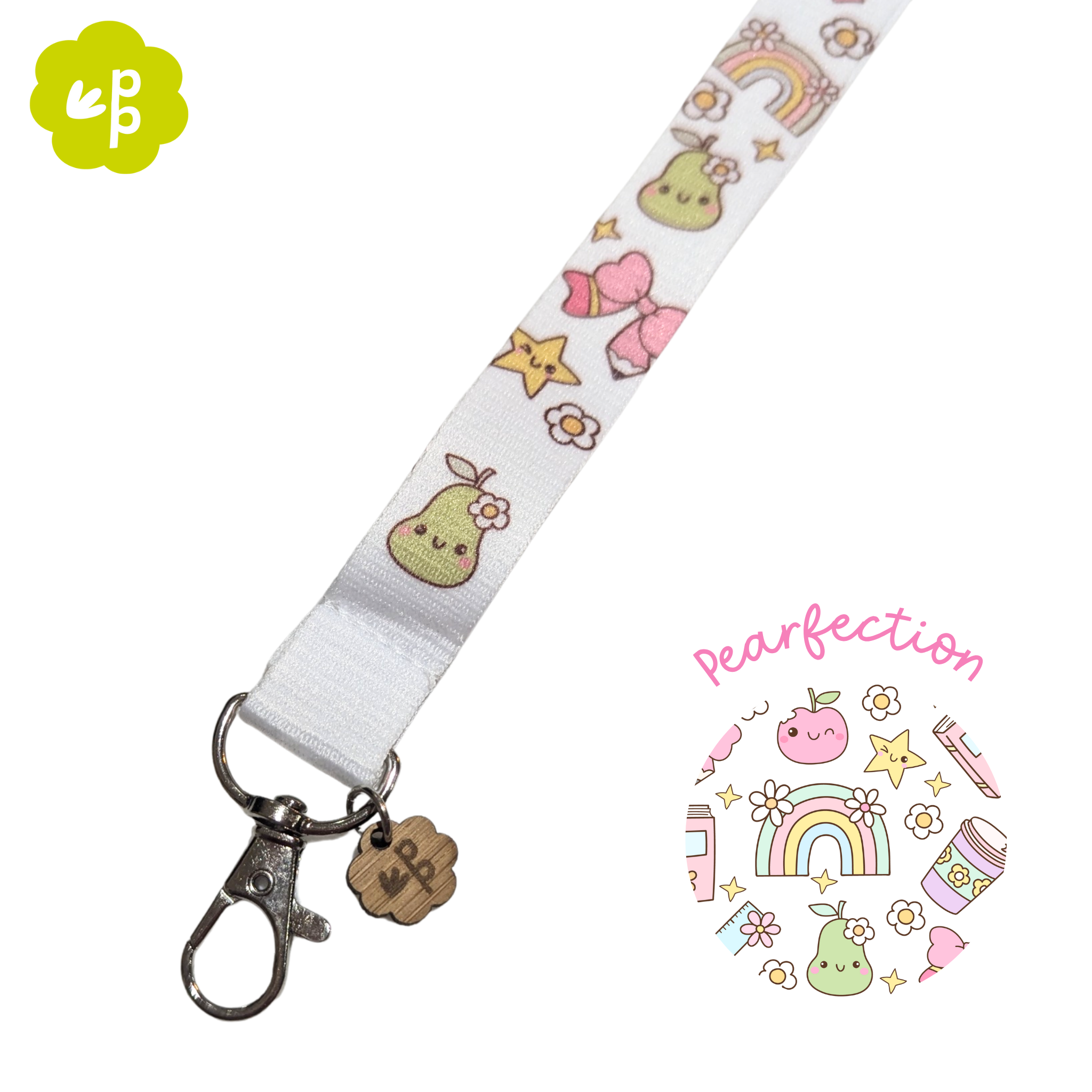 White lanyard with cartoon pear design and &
