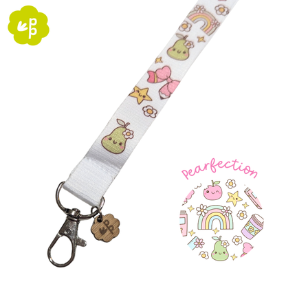 White lanyard with cartoon pear design and &