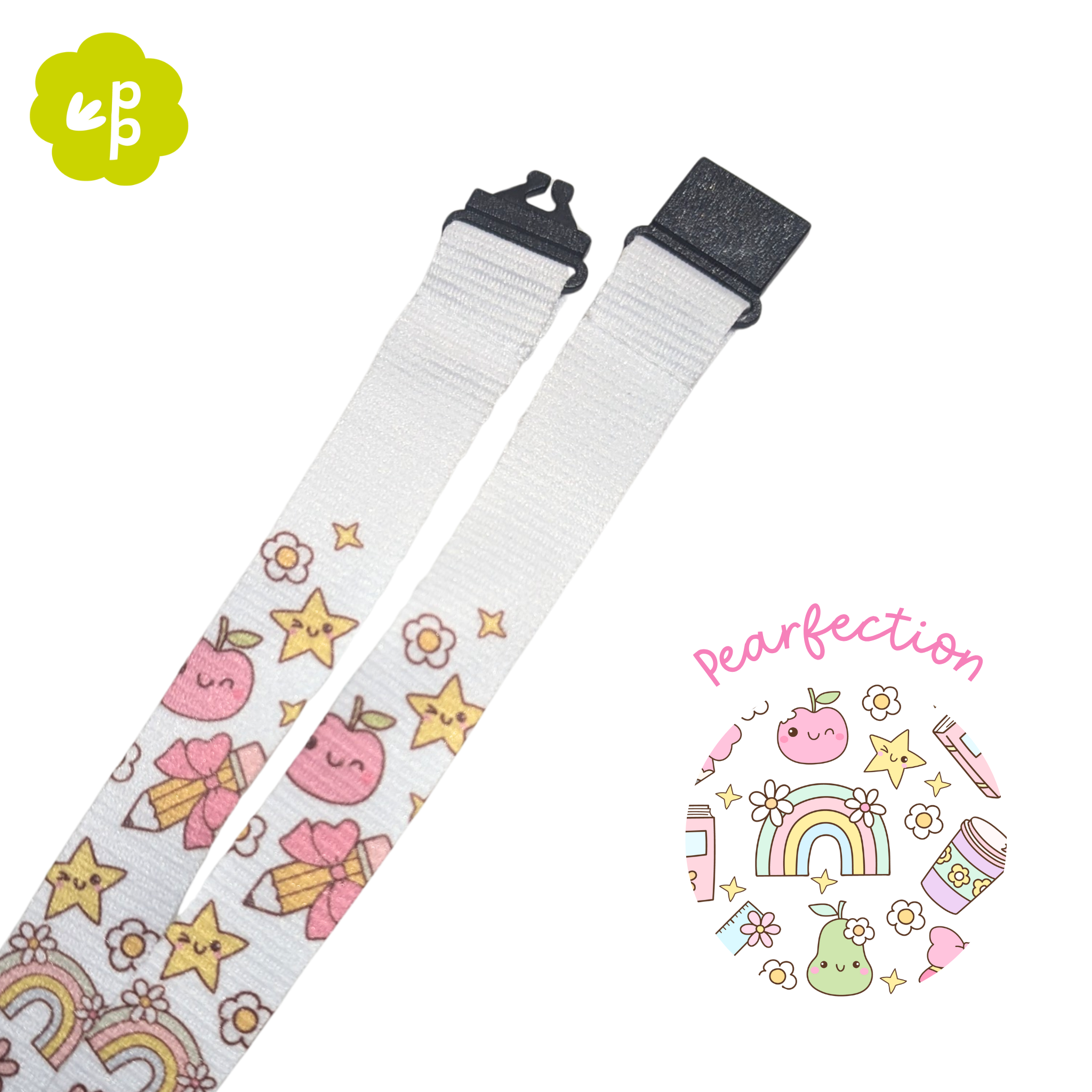 teacher lanyard with cute pear and apple cartoon pattern with black breakaway clasp