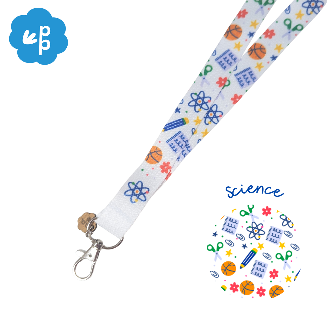 Teacher Lanyard with science-themed design on a white background and silver clasp