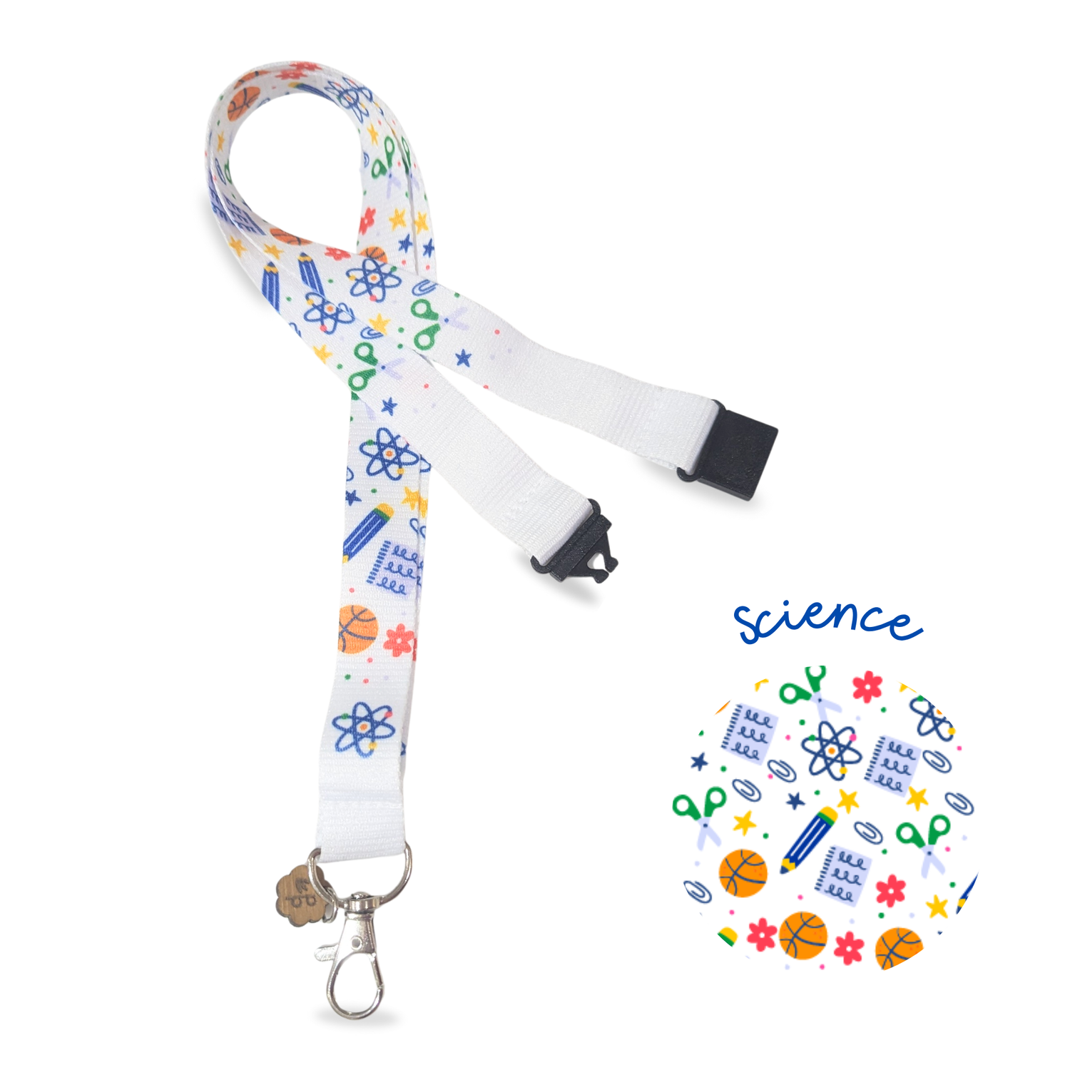 teacher fabric Lanyard with science-themed design on a white background