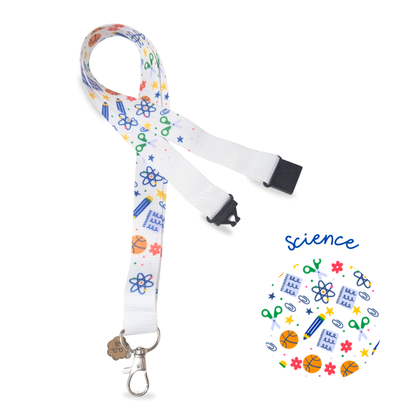 teacher fabric Lanyard with science-themed design on a white background