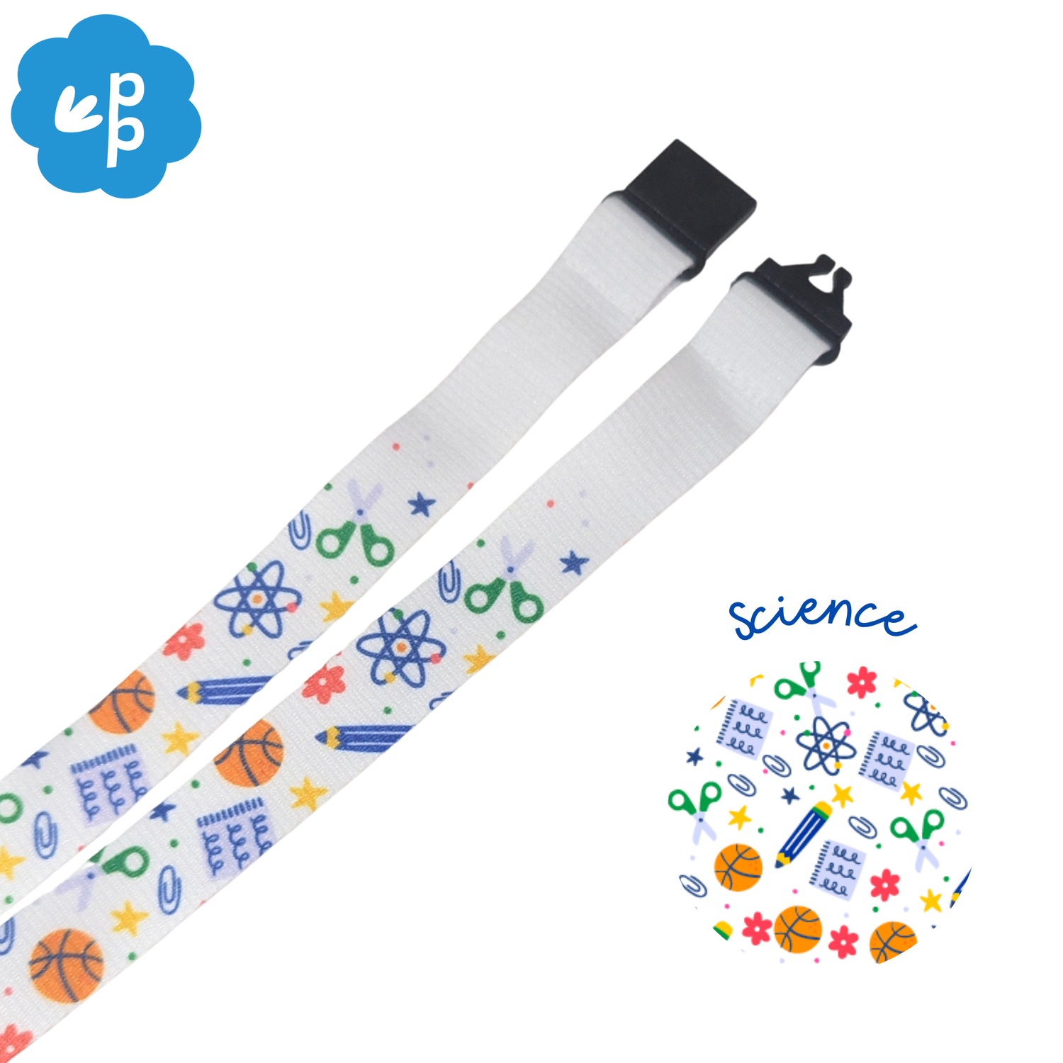 White teacher lanyard with colorful science-themed design on a white background with black breakaway clasp.