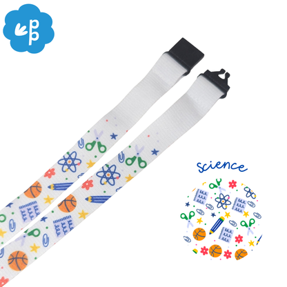 White teacher lanyard with colorful science-themed design on a white background with black breakaway clasp.