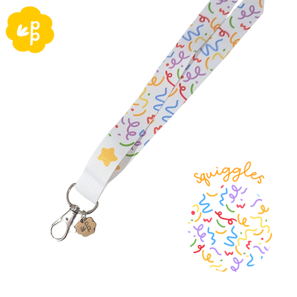 Lanyard with colorful squiggle pattern on a white background and silver clasp