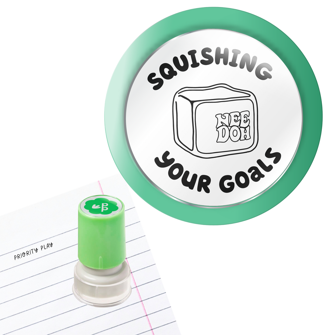 Squishing Your Goals teacher encouragement stamp featuring a squishy cube toy needoh cube