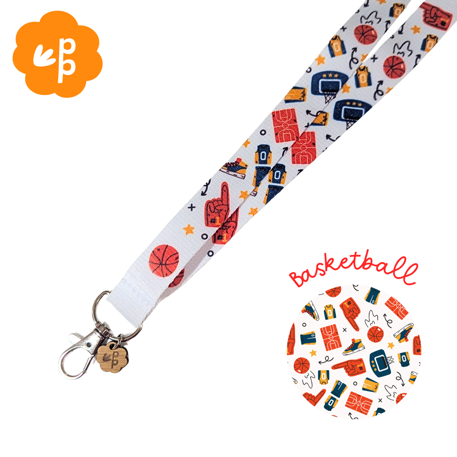 Lanyard with basketball-themed design on a white background with silver clasp