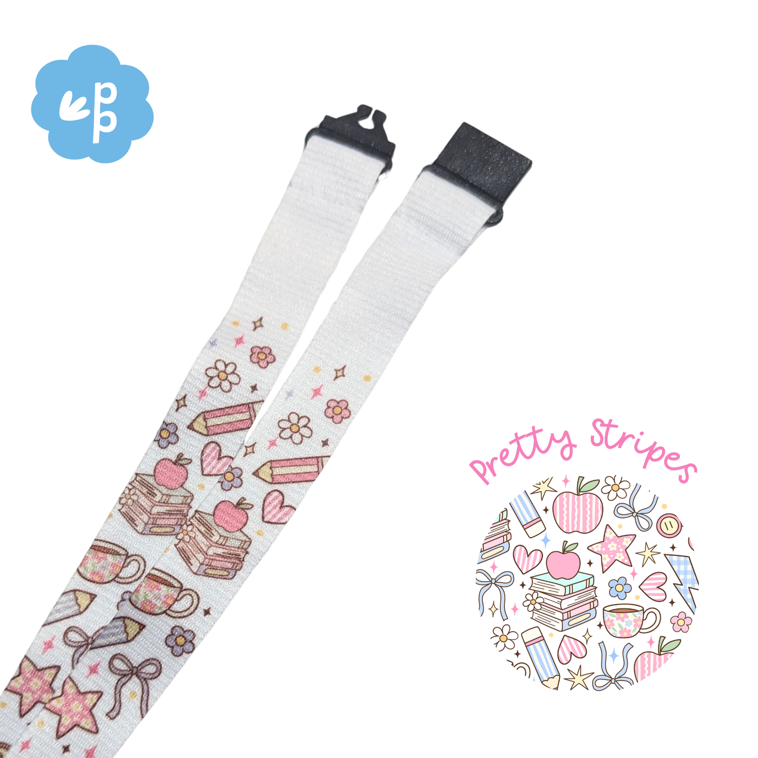 White strap with colorful patterns and &