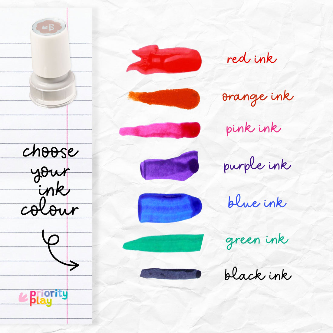 Ink swatches in various colors with a pen on lined paper, labeled &