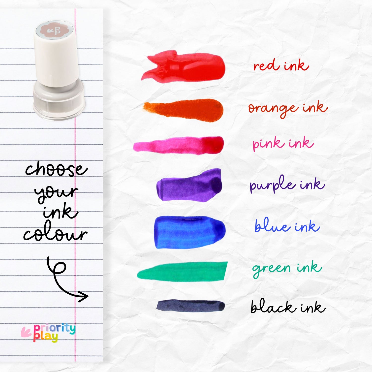 Ink swatches in various colors with a pen on lined paper, labeled &