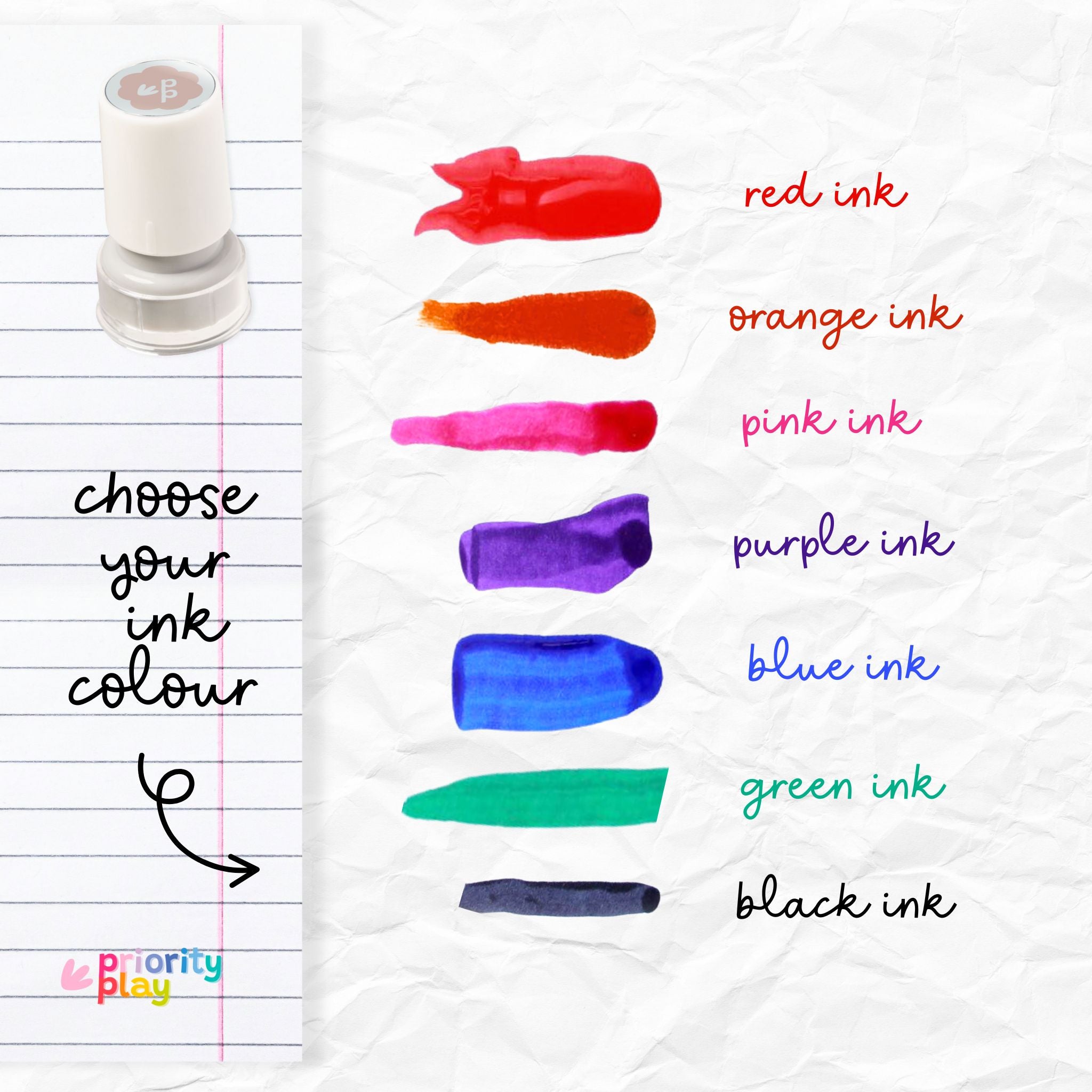 Ink swatches in various colors with a pen on lined paper, labeled &
