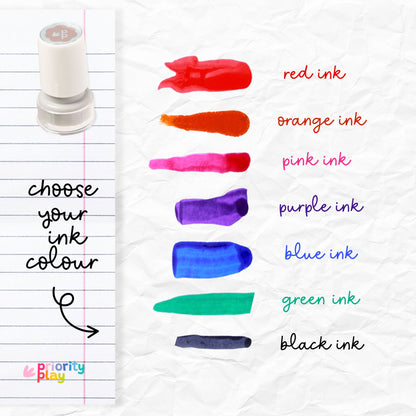 Ink swatches in various colors with a pen on lined paper, labeled &