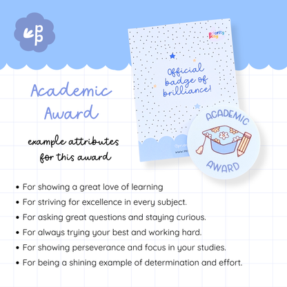 Academic Award badge from Priority Play with a graduation cap and pencil illustration, rewarding students for excellence, perseverance, and love of learning.