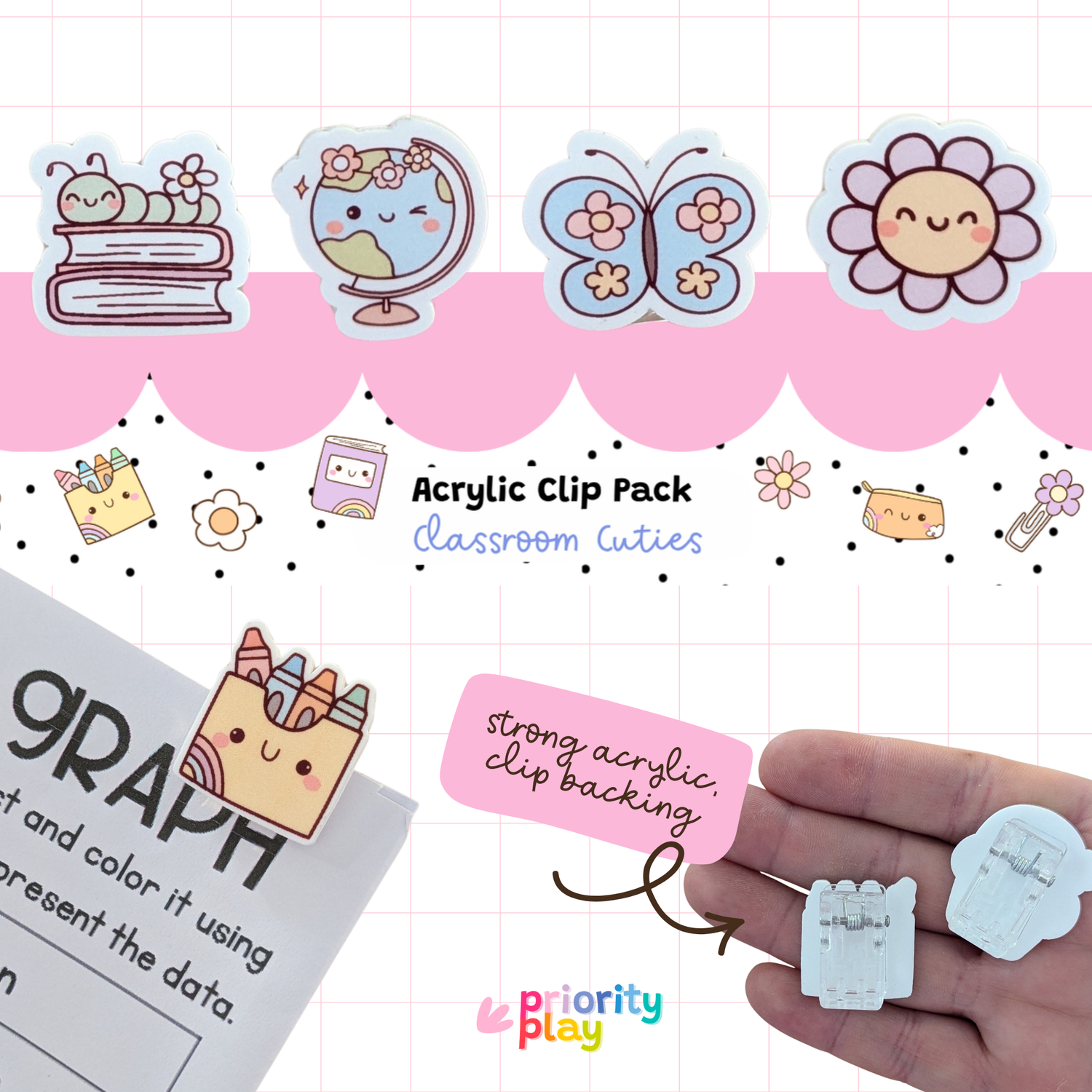 Classroom Cuties acrylic clip pack featuring adorable globe, butterfly, book, and flower designs – durable stationery clips for teachers and students