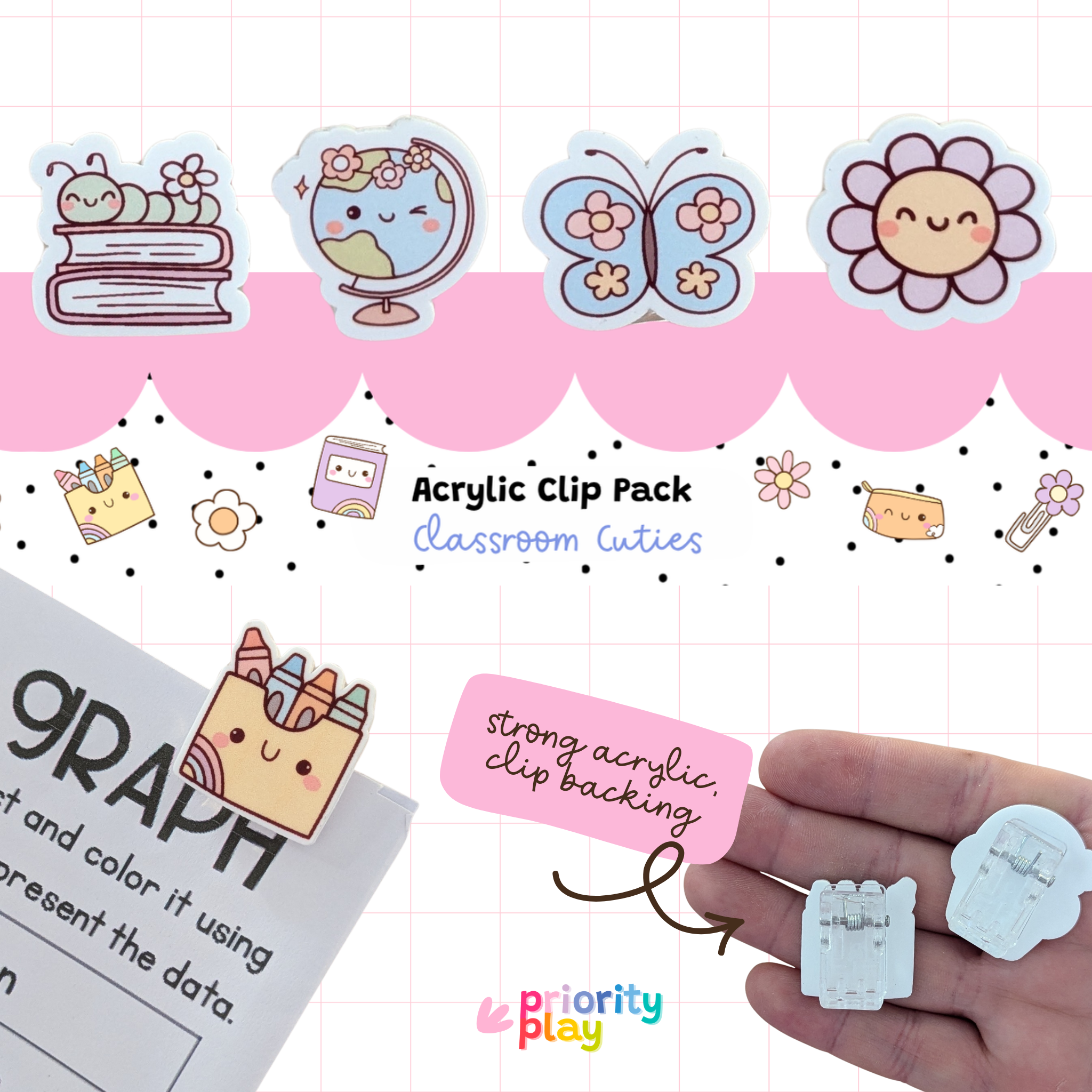 Classroom Cuties acrylic clip pack featuring adorable globe, butterfly, book, and flower designs – durable stationery clips for teachers and students