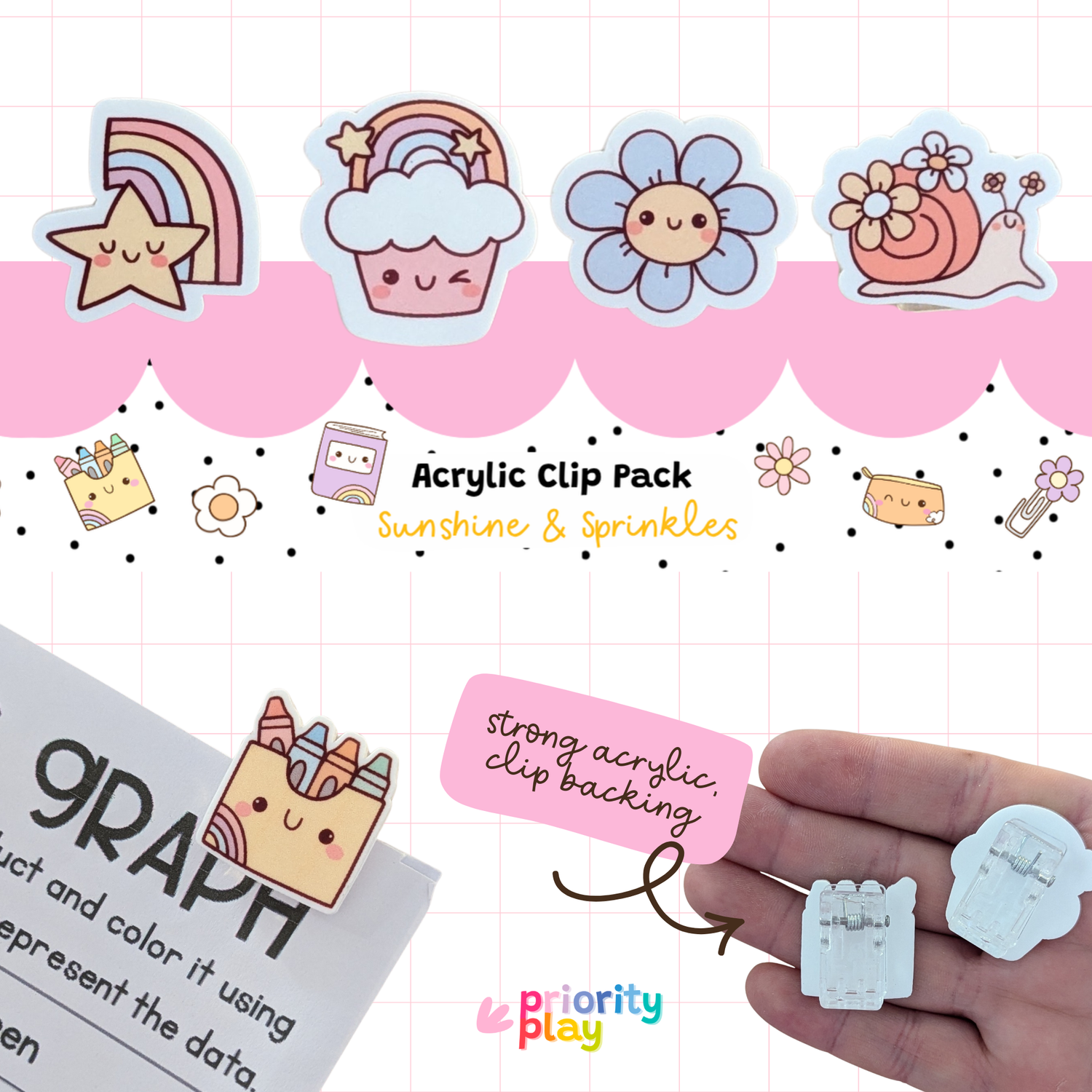 Sunshine &amp; Sprinkles acrylic clip pack with rainbow, star, and flower designs – cute pastel stationery accessories for planners and classrooms.