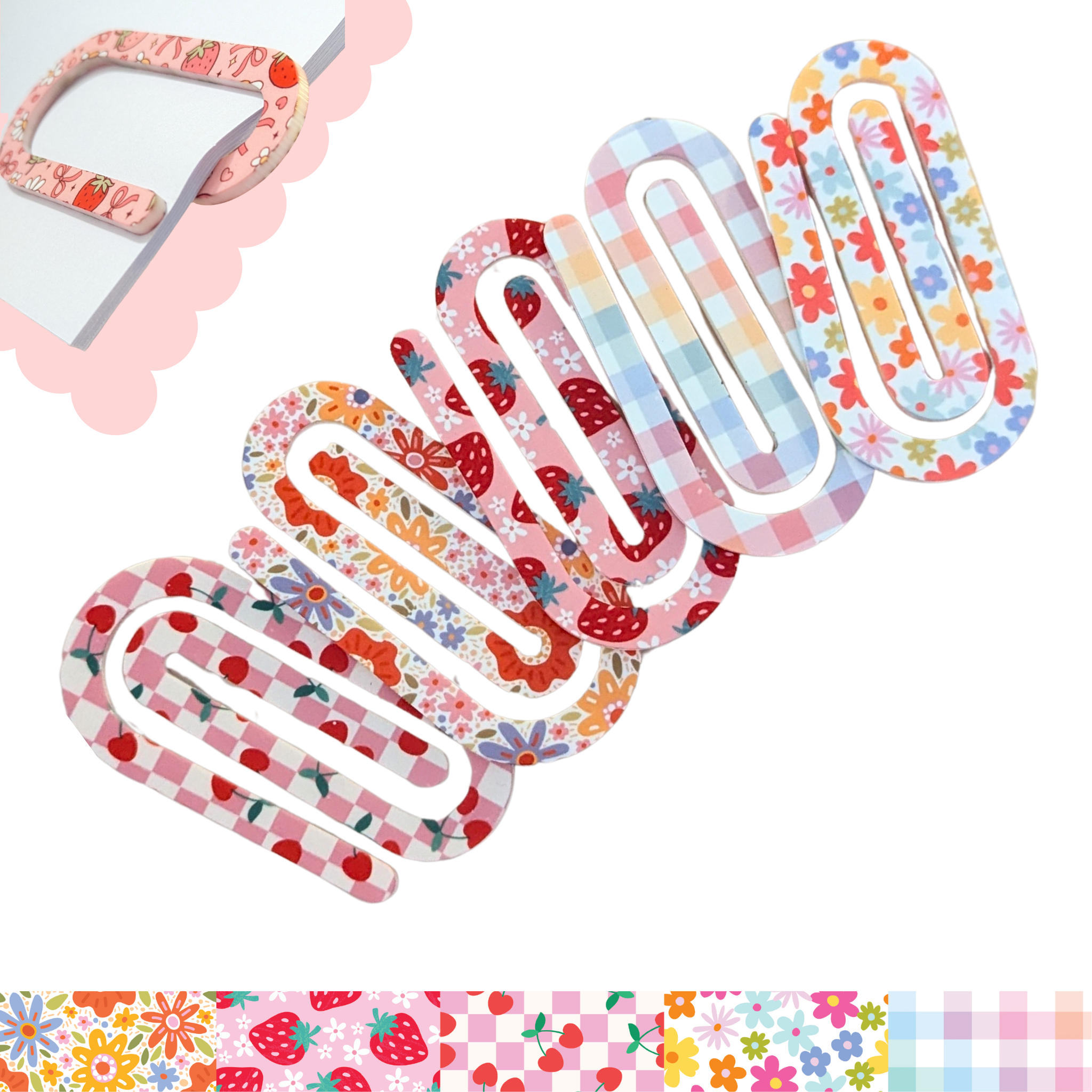 Bright floral and fruity patterned acrylic paper clips in pink and red tones – oversized double-sided clips for planners and notebooks.