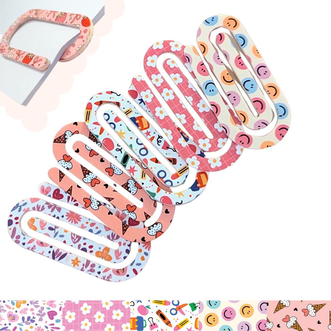 Daisy and rainbow patterned acrylic oversized paper clips in pastel pink and yellow tones – fun and bright stationery gift set.