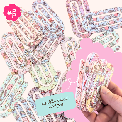 Assorted acrylic oversized paper clips with cute double-sided patterns in pastel colours – decorative stationery set by Priority Play.