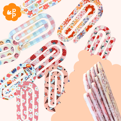 Floral and fruit patterned oversized acrylic paper clips featuring strawberries, daisies, rainbows and gingham prints – fun stationery gift set.