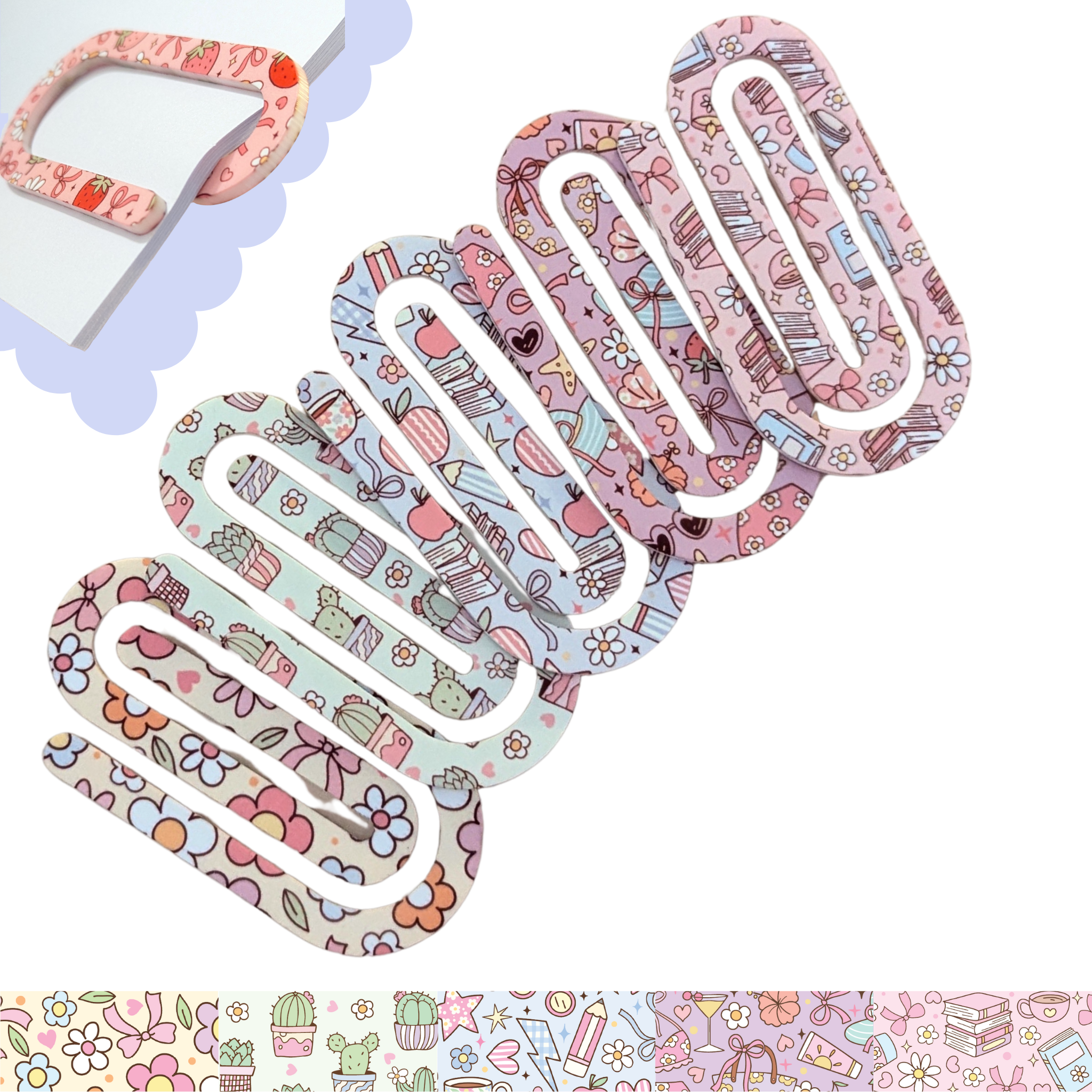 Kawaii school-themed acrylic oversized paper clips featuring pastel stationery and flower designs – adorable planner and office accessory.