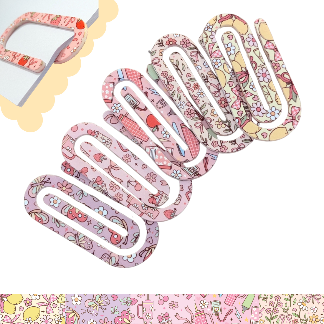 Pastel floral and stationery-themed acrylic oversized paper clip set with daisies, bows, and notebooks – double-sided design stationery gift.