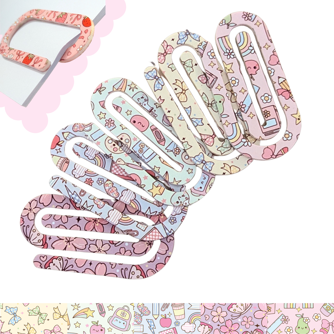 Smiley face and rainbow patterned acrylic oversized paper clips – colourful and cheerful stationery for work or study.