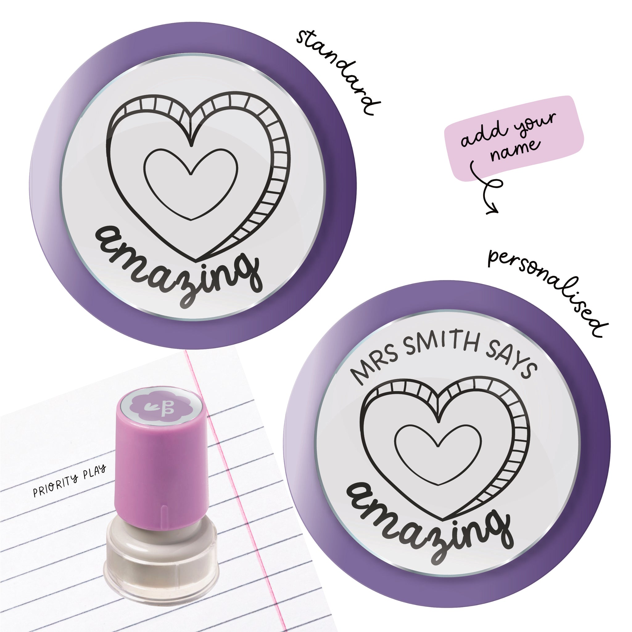 Amazing teacher stamp featuring a decorative heart illustration and ‘amazing’ lettering — standard and personalised options