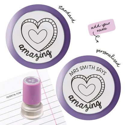 Amazing teacher stamp featuring a decorative heart illustration and ‘amazing’ lettering — standard and personalised options