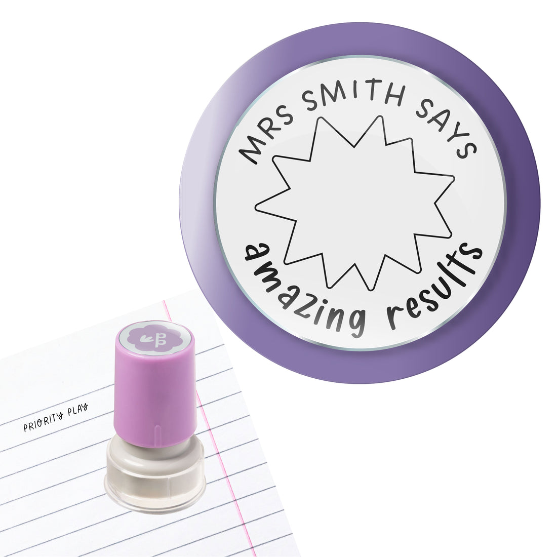 Round stamp reading “Amazing results” with starburst space in the centre for grades or annotations.