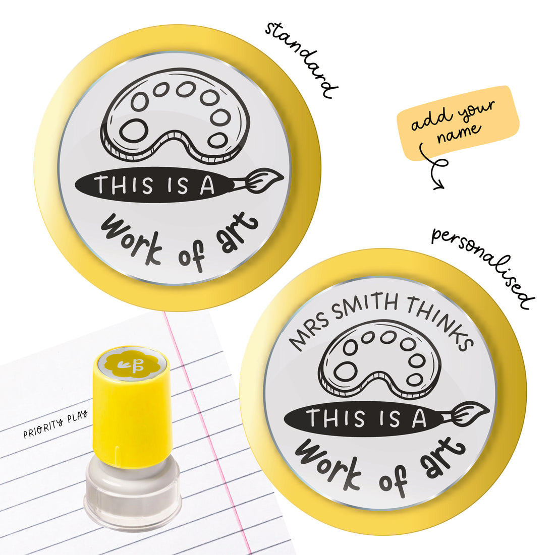 Art teacher stamp showing a paint palette and brush with the phrase ‘Work of art!