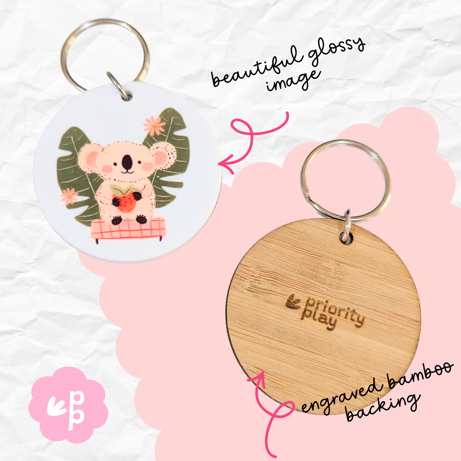 Set of Australian icon keyrings including koala, kangaroo, galah, kombi van, floral hat and pavlova with engraved bamboo backing.