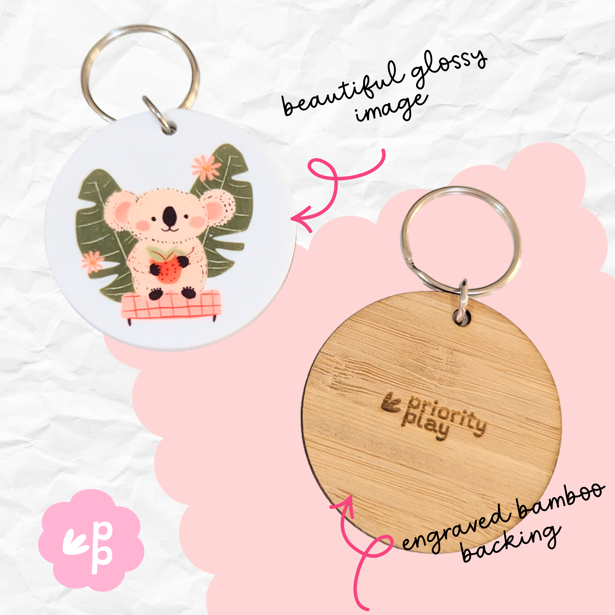 Set of Australian icon keyrings including koala, kangaroo, galah, kombi van, floral hat and pavlova with engraved bamboo backing.