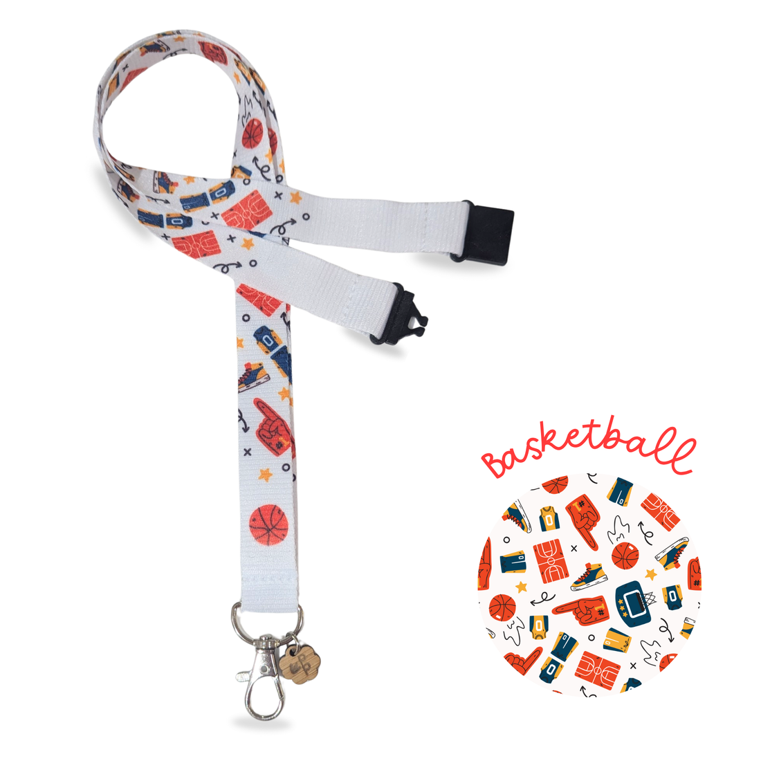 Lanyard with basketball-themed design on a white background
