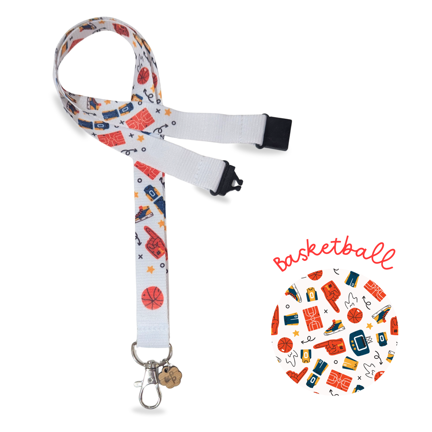 Lanyard with basketball-themed design on a white background