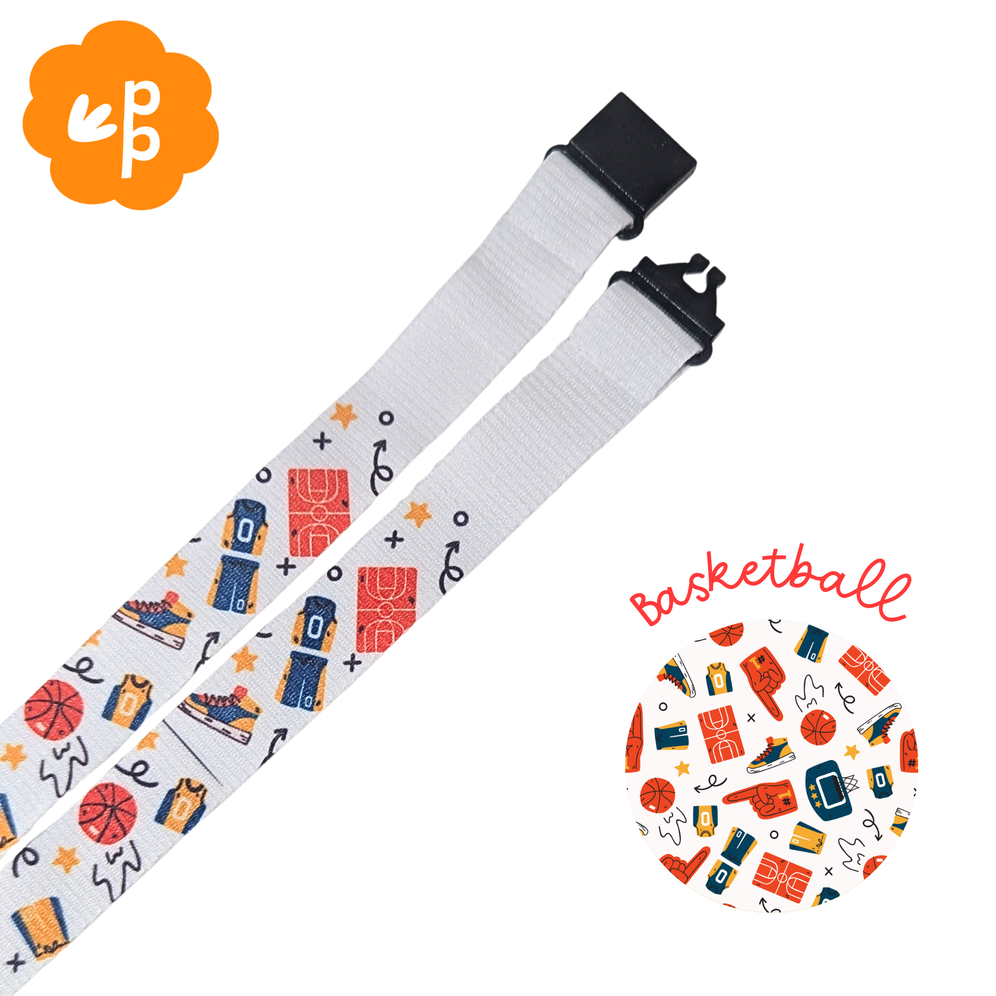 White teacher lanyard with sports-themed design on a white background