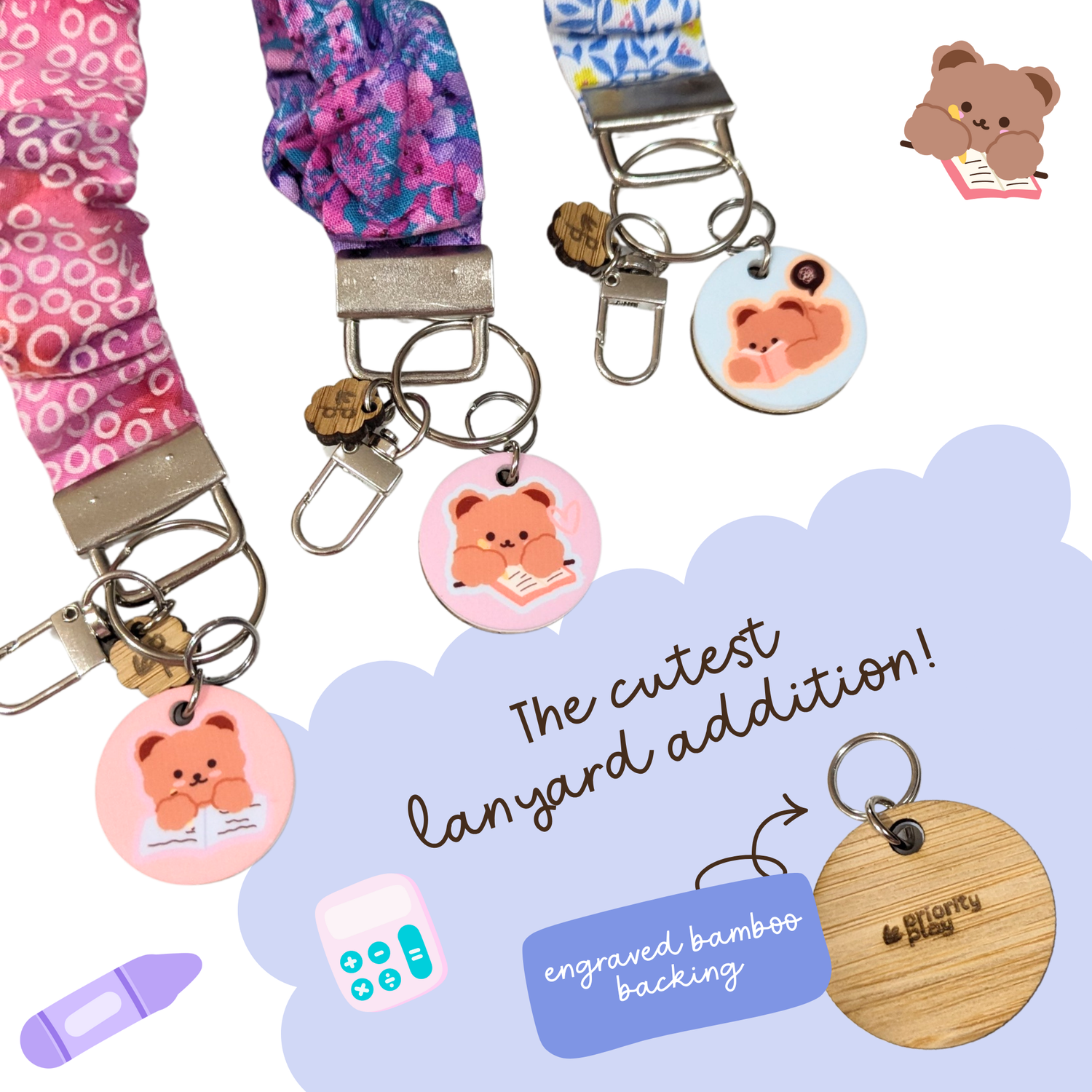 Cute bear lanyard charms with engraved bamboo backing, featuring study and reading bear designs — the perfect kawaii accessory for teacher or student lanyards.