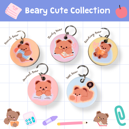 Beary Cute Collection of study bear lanyard charms and keychains, featuring Pencil Bear, Study Bear, Reading Bear, Journal Bear, and Toot Bear — adorable classroom or office accessories.