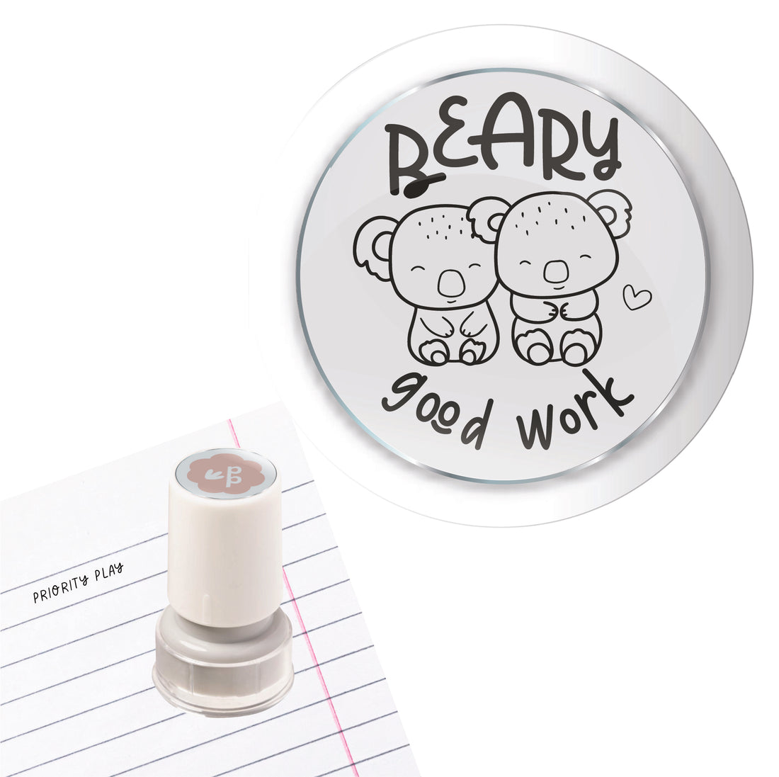 Two adorable koalas sitting together with the text “beary good work” on a teacher stamp.
