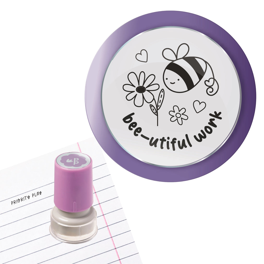 A smiling bee with flowers and hearts and the text “bee-utiful work” on a circular teacher stamp.
