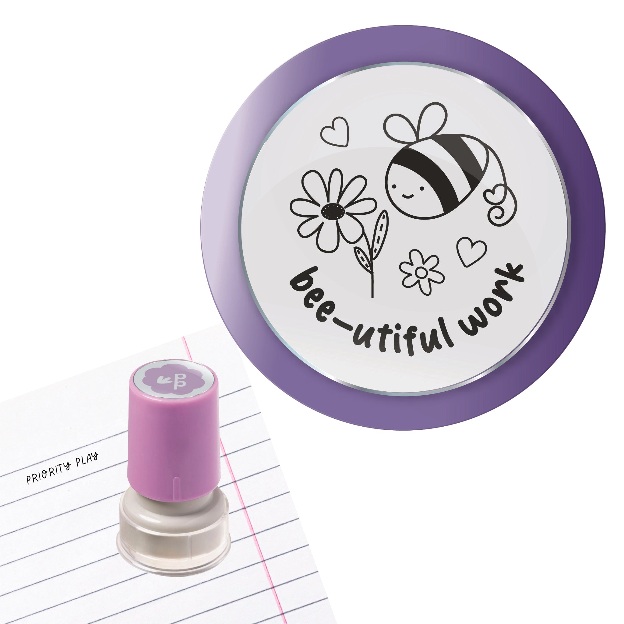 A smiling bee with flowers and hearts and the text “bee-utiful work” on a circular teacher stamp.
