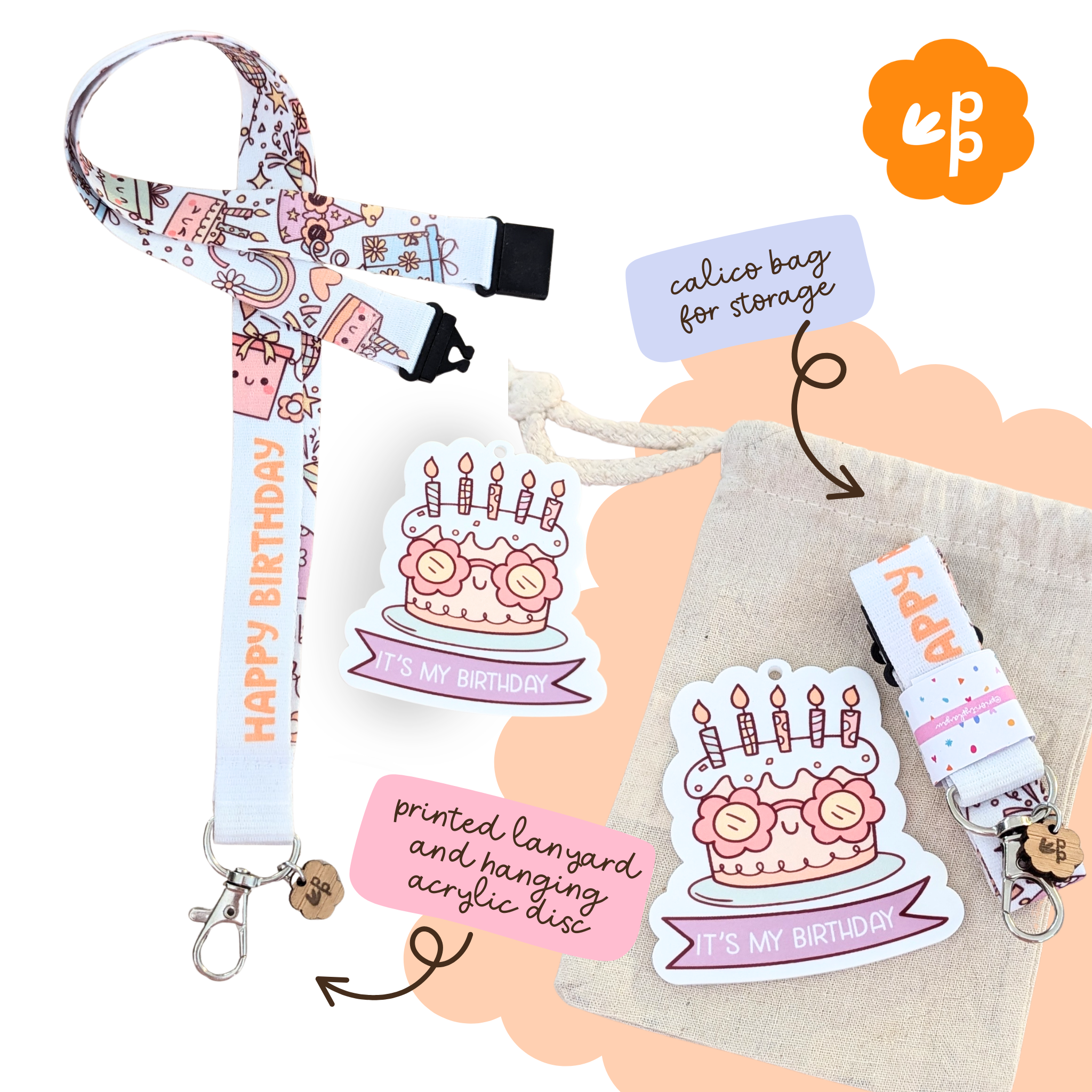 Printed Happy Birthday lanyard and acrylic birthday badge with calico bag storage by Priority Play