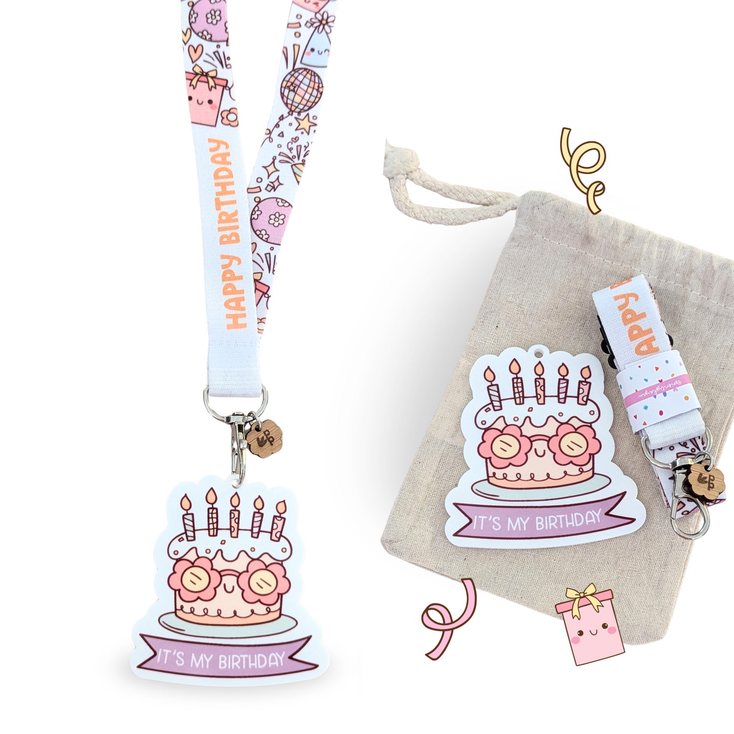 Happy Birthday lanyard and It’s My Birthday badge set with calico bag by Priority Play