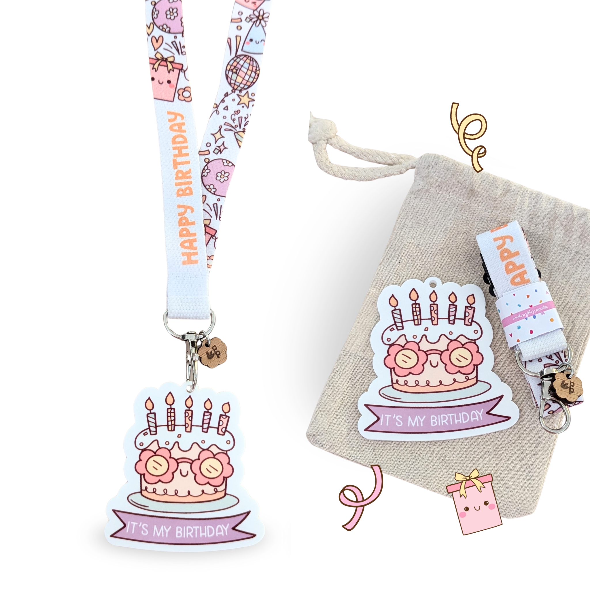 Happy Birthday lanyard and It’s My Birthday badge set with calico bag by Priority Play