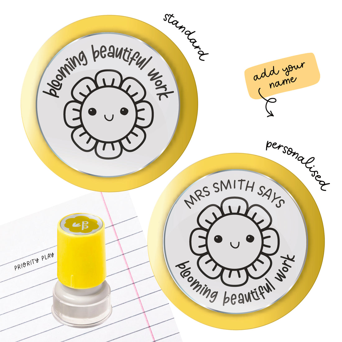 A personalised teacher stamp with a smiling flower and space to include the teacher’s name.
